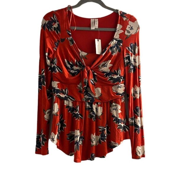 NEW Meadow Rue by Anthropologie Red Josalyn Floral Peplum Knotted Top Size Small - Picture 3 of 12